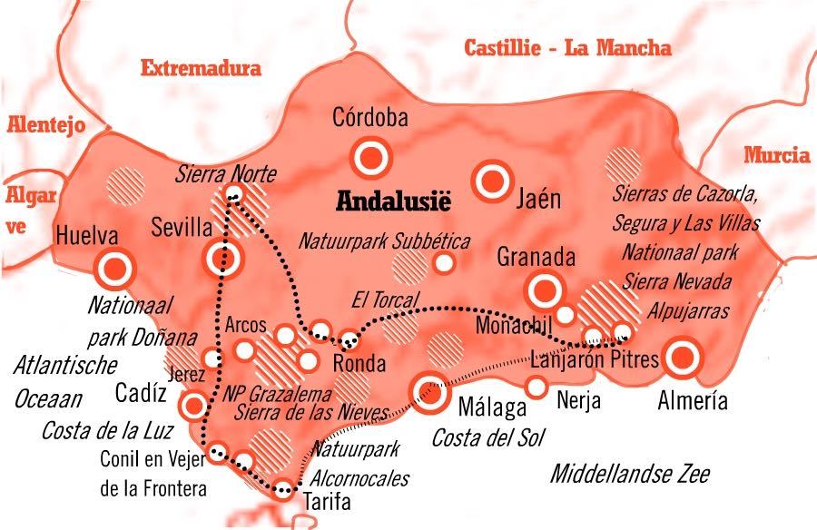 kaart-natuurreis-andalusie-spanje-15-dagen